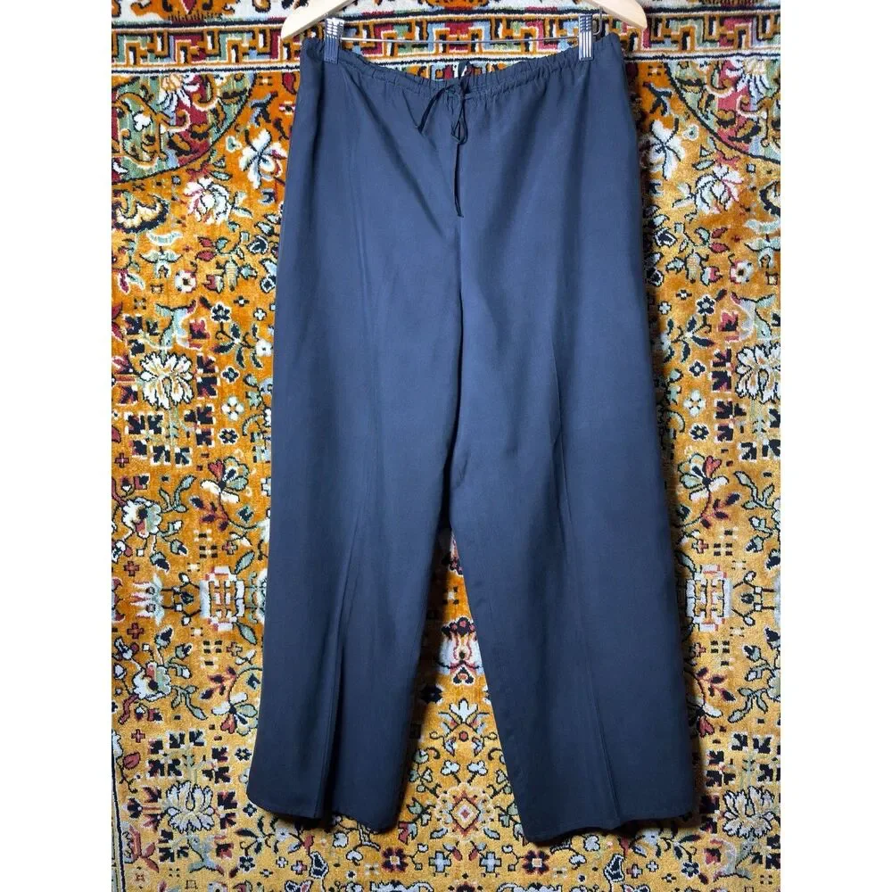 90s Vintage J. Crew Black 100% Silk Wide Leg Pants Drawstring Waist size M